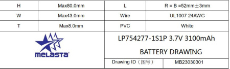 Аккумулятор MELASTA LP754277-1S1P Li-Pol (батарея) 8х43х80мм 2pin 3.7V/3100mAh, PCM